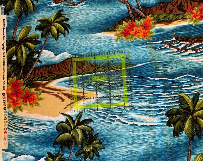 Hawaiian Fabrics - 29 - Hawaiian Islands - Blue - Aloha Print - Trendtex Fabrics - Cotton Print - Floral