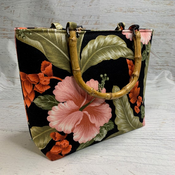 Black Barkcloth Hibiscus and Ginger Tote Bag Purse Handbag Crossbody Canvas Tiki Hawaiian Print Floral Tropical Etsy