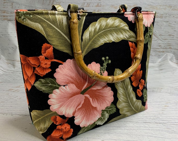 Black Barkcloth - Hibiscus and Ginger - Tote Bag - Purse - Handbag - Crossbody - Canvas - Tiki - Hawaiian Print - Floral - Tropical