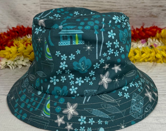 Canvas Bucket Hat - Tiki Night Village - Summer Hat - Tiki Hat - Luau - Beachcomber Hat