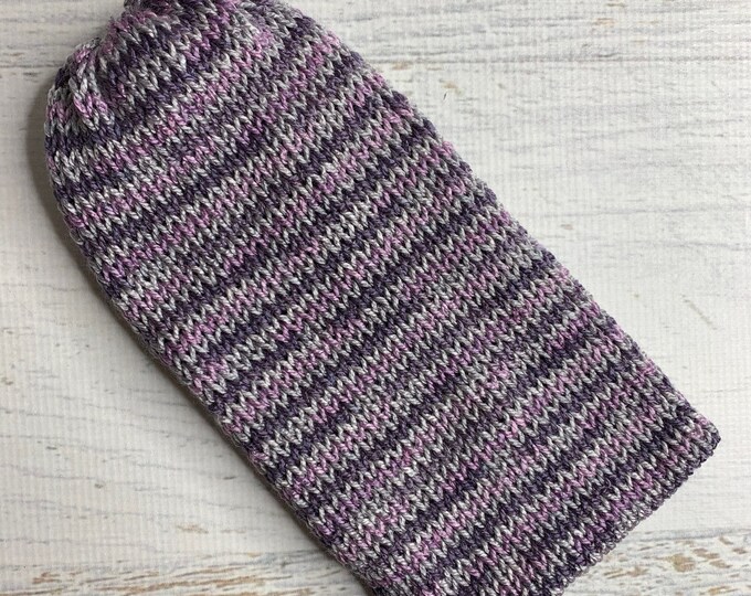 Knit Hat - Baroque - toque - beanie - stocking cap - adult - Chunky Yarn - Purple Lilac Gray Silver Stripes - with or without Pom Pom