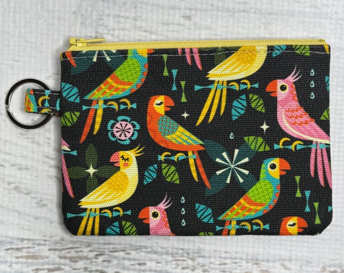 Parrot Party - Cypress Cotton Canvas - Coin Purse - Keychain - Wallet - Key Fob - Key Ring - Aloha Print - Hawaiian Print - Tiki Birds