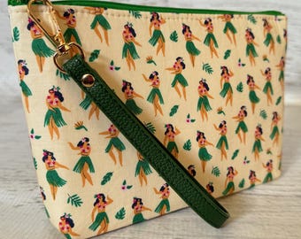Hula Girls - Cotton Woven Zippered Clutch Pouch Wristlet