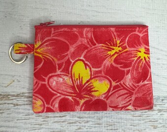 Hot Pink Plumeria - Cotton - Coin Purse - Keychain - Wallet - Key Fob - Key Ring - Floral - Aloha Print - Hawaiian Print