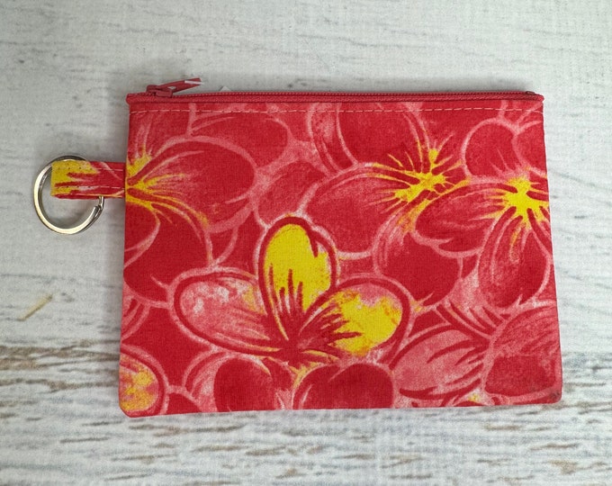 Hot Pink Plumeria - Cotton - Coin Purse - Keychain - Wallet - Key Fob - Key Ring - Floral - Aloha Print - Hawaiian Print
