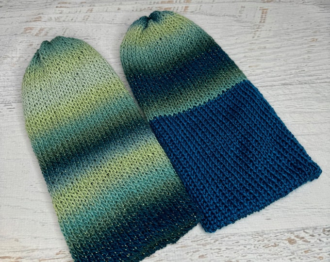 Knit Hat - New Moon - Glitter Stripes - toque - beanie - stocking cap - adult - toddler - Greens Blues - with or without Pom Pom