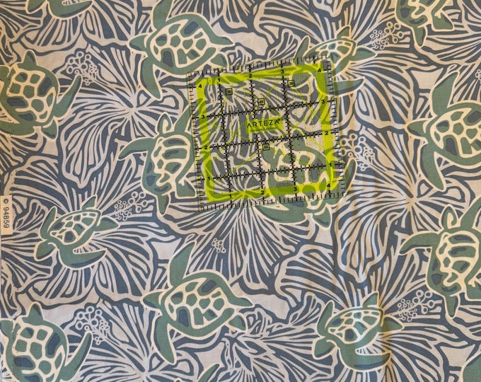 Hawaiian Fabrics - 26 - Honu Floral - Aloha Print - Trendtex Fabrics - Cotton Print - Sea Turtle - Hibiscus - Blue - Green