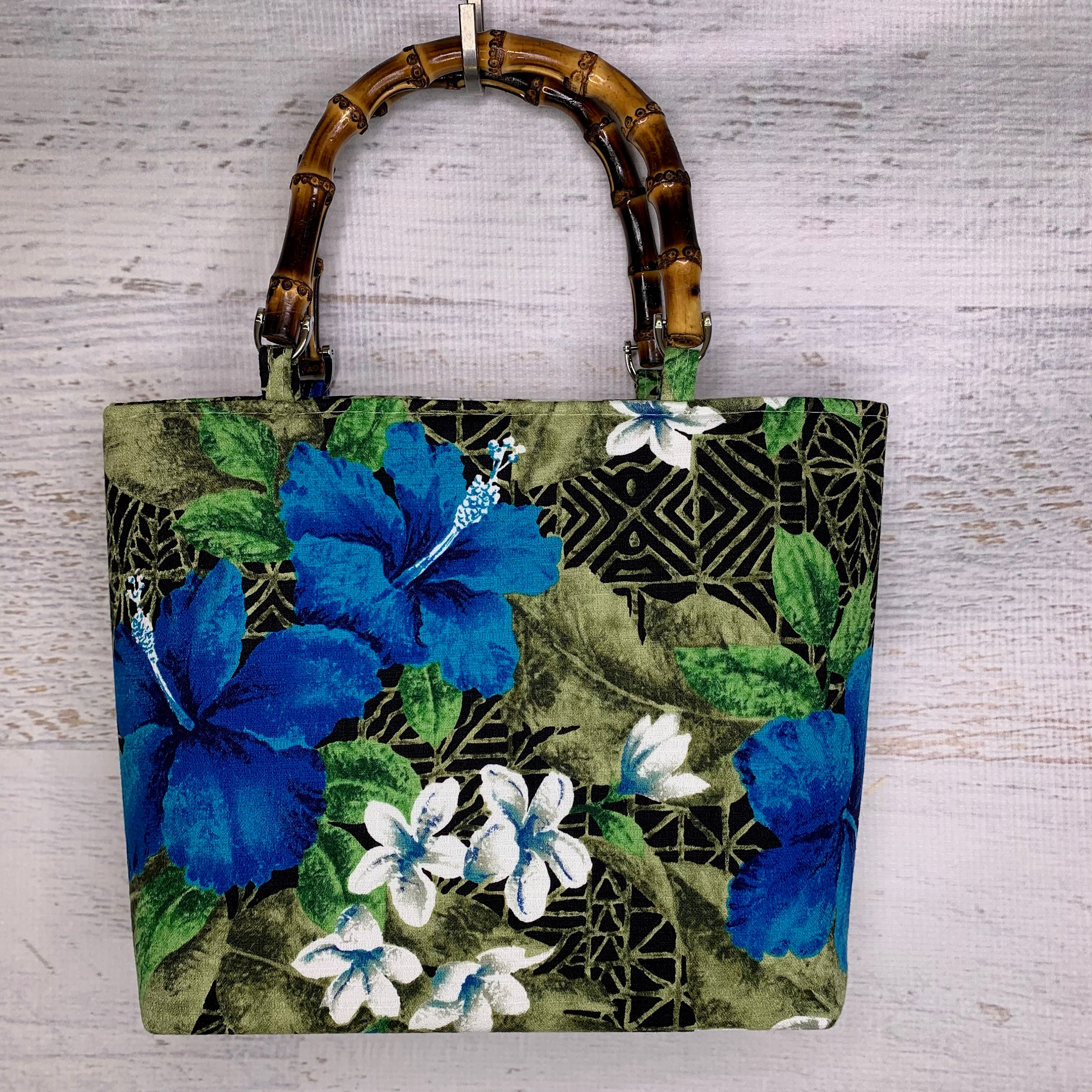 80s Barkcloth Hawaiian Asian Hibiscus Tote Bag Purse Handbag