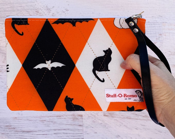 Everyday Is Halloween - Clutch Wallet Wristlet - Retro Vintage Style - Argyle - Bat - Black Cat - Spider - Ghost - Pumpkin