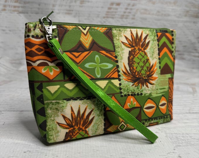 Hawaiian Pineapple Tiki Tapa - Olive Green - Clutch - Zipper Pouch - Wristlet - Retro Hawaiian Print - Travel Bag - Tiki - Aloha Print