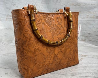 Paniola Orange - Hawaiian Print - SMALL Tote Bag - Purse - Handbag - Crossbody - Embossed Tropical Flowers Vinyl - Tiki - MCM - Tropical