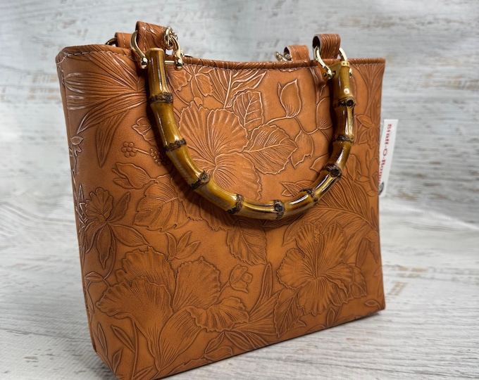 Paniola Collection: Orange Embossed Vinyl Hawaiian Print Tote Bag with Bamboo Handle & crossbody option