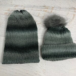 Knit Hat - Storm - toque - beanie - stocking cap - adult - toddler - Gray tones Black - with or without Pom Pom