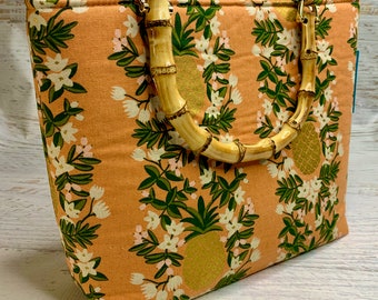 Golden Pineapple - Terracotta - Hawaiian Print - Tote Bag - Purse - Handbag - Crossbody - Canvas - Tiki - MCM - Tropical - Metallic