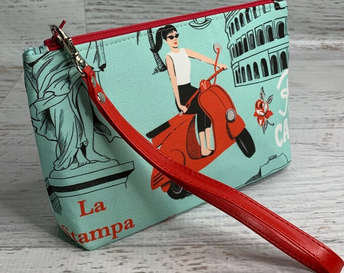 Roman Holiday - Clutch - Cotton Canvas - Zipper Pouch - Wristlet - Beach Bag - Travel Bag - Nightclub  - MCM - Mod - Scooter