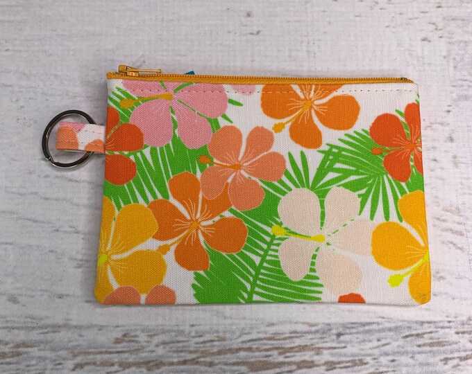 Colorful Hibiscus - Cotton Canvas - Coin Purse - Keychain - Wallet - Key Fob - Key Ring - MCM - Mid Century Modern - Tiki - 70s Hawaiian