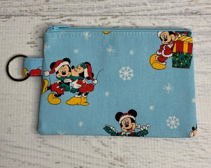 Disney® Mickey & Friends Christmas Day - Blue - Cotton - Coin Purse - Keychain - Wallet - Key Fob - Key Ring - Made with Licensed Fabric