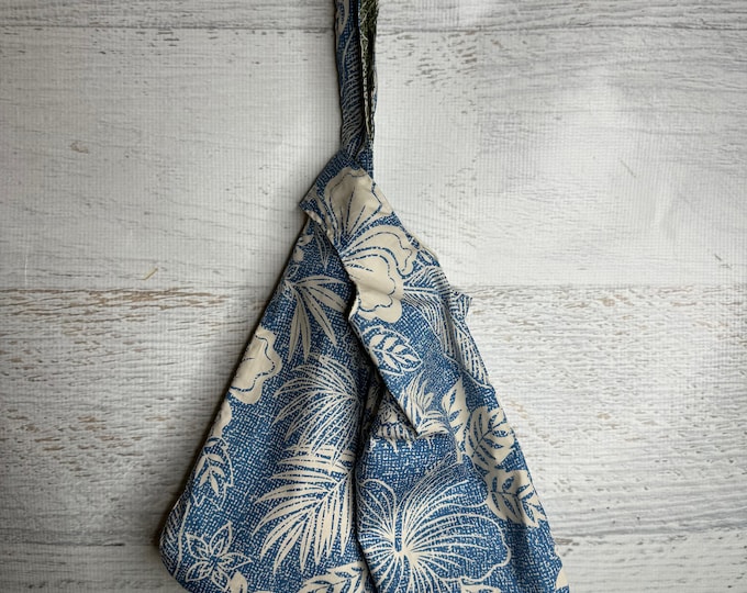 Traditional Hawaiian - Blue  Green - Reversible - Large Japanese Knot Bag - Shopping Tote - Farmers Market Bag - Cotton Tote - Reusable Bag