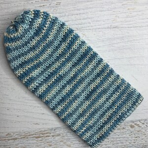 Knit Hat - Blue Moon - toque - beanie - stocking cap - adult -Chunky Yarn - Blue Light Blue Cream Stripes - with or without Pom Pom