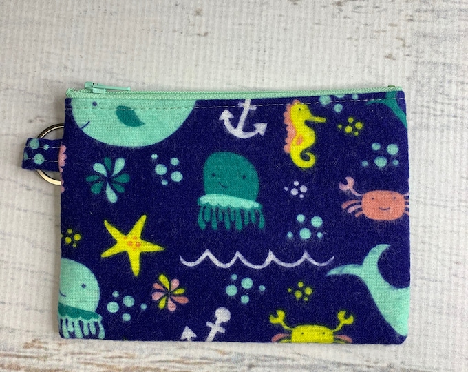 Under the Sea - Cotton FLANNEL - Coin Purse - Keychain - Wallet - Key Fob - Key Ring - Siren - Sea Creatures