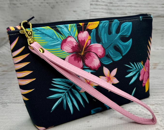 90s Hawaiian Aloha Print - Navy Blue - Clutch - Zipper Pouch - Wristlet - Retro Hawaiian Print - Travel Bag - Tiki - Aloha Print - Tiki Bar