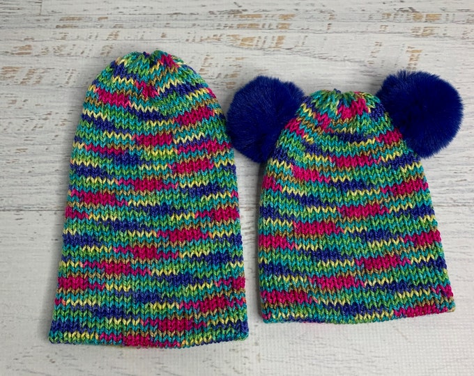 Knit Hat - Circus - toque - beanie - stocking cap - adult - toddler - Magenta Green Teal Yellow Navy Blue - with or without Pom Pom