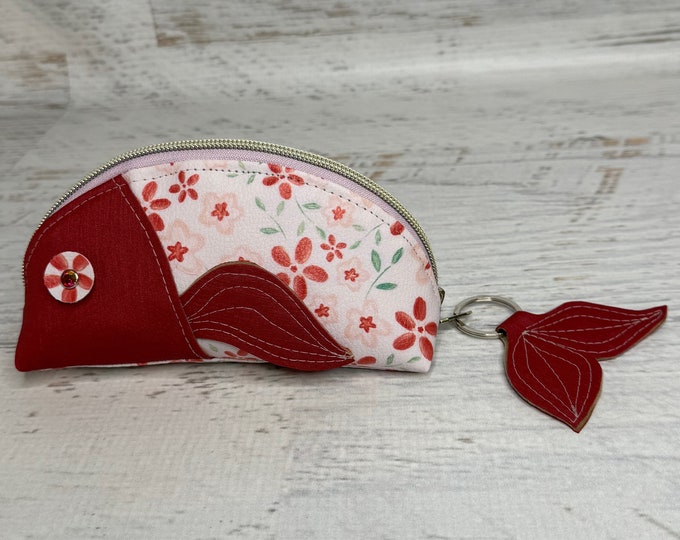 Fish Pouch - Red Wildflowers - Zipper Pouch - Keychain - Make Up Bag - Zipper Clutch - Novelty - Vinyl - Vegan Leather