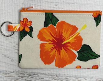 Orange Hibiscus - Cotton Poplin Vintage Fabric - Coin Purse Fob Wallet with Keychain