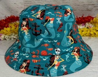 Canvas Bucket Hat - Retro Rockabilly Sirens - Blue - Summer Hat - Tiki Hat - Luau - Beachcomber Hat - Mermaid