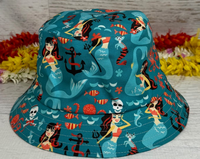 Canvas Bucket Hat - Retro Rockabilly Sirens - Blue - Summer Hat - Tiki Hat - Luau - Beachcomber Hat - Mermaid