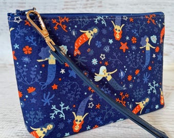 Mermaids - Cotton Woven Zippered Clutch Pouch Wristlet