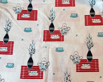 Remnant VINTAGE Fabric | Tea Time 1950s Cotton Woven