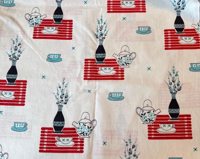 Remnant VINTAGE Fabric - Tea Time 1950s Cotton Woven