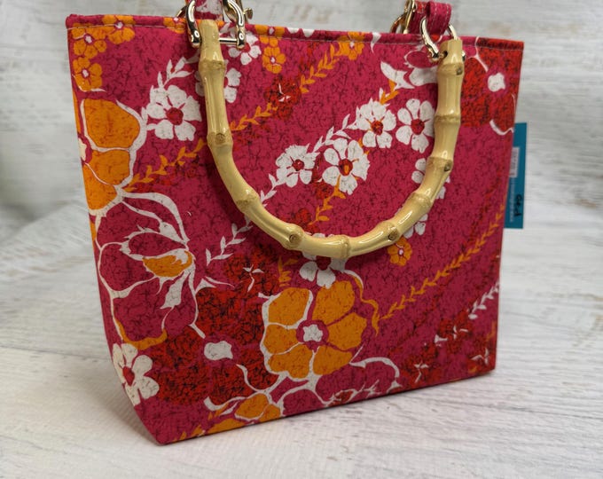 Pink Orange Floral - SMALL Tote Bag - Purse - Handbag - Crossbody - Poplin Cotton - MCM - Vintage Fabric - Hawaiian Print - Aloha - Hibiscus