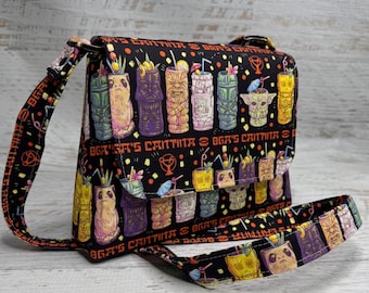 Space Cantina - Black - Mini Crossbody or Shoulder Strap - Flap Closure - Adjustable Strap - Canvas - Purse - Handbag - Tiki Mugs