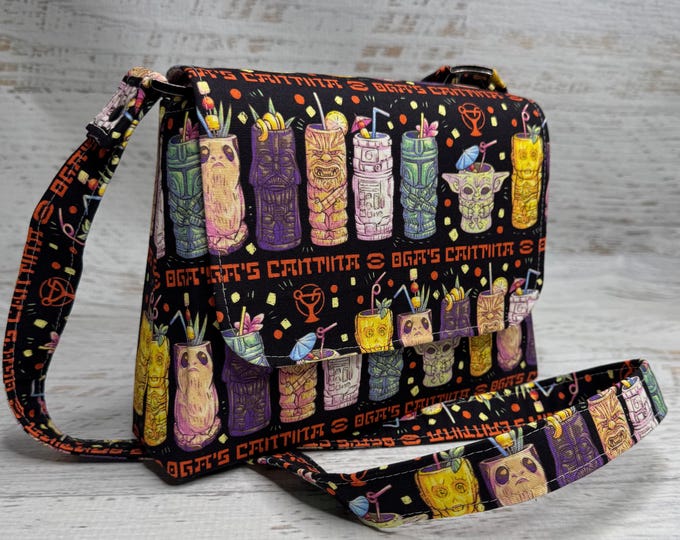 Space Cantina - Black - Mini Crossbody or Shoulder Strap - Flap Closure - Adjustable Strap - Canvas - Purse - Handbag - Tiki Mugs