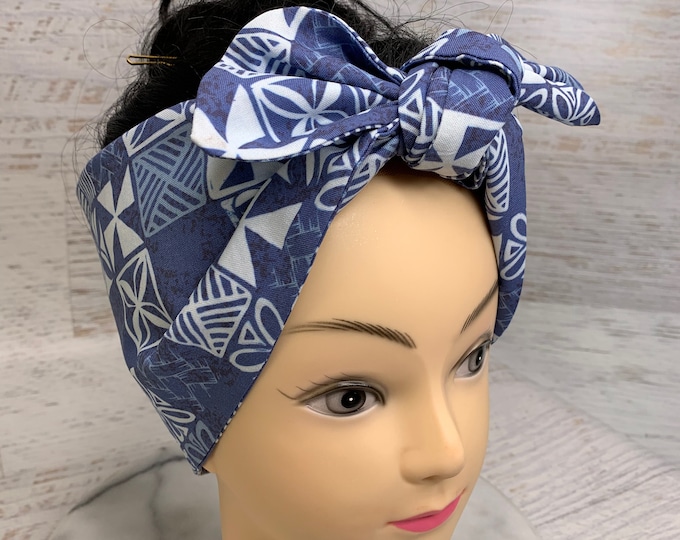 Tapa Cloth - Blue Oceanic- Pin Up Style Wide Head Scarf - Hair Wrap - Cotton - Aloha Print - Hawaiian Print - Tropical