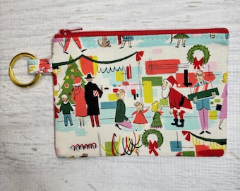 Merry Main Street - Cotton - Coin Purse - Keychain - Wallet - Key Fob - Key Ring - Christmas - Retro - Vintage - Holiday Shoppers