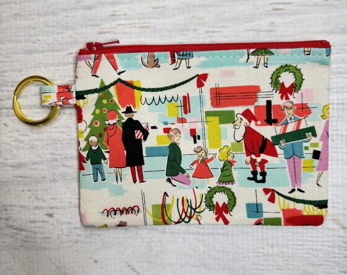 Merry Main Street - Cotton - Coin Purse - Keychain - Wallet - Key Fob - Key Ring - Christmas - Retro - Vintage - Holiday Shoppers