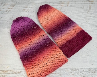 Knit Hat - Space Walk - Glitter Stripes - toque - beanie - stocking cap - adult - toddler - Reds Peaches Pinks - with or without Pom Pom