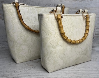 Paniola Cream - Hawaiian Print - Tote Bag - Purse - Handbag - Crossbody - Embossed Tropical Flowers Vinyl - Tiki - MCM - Tropical