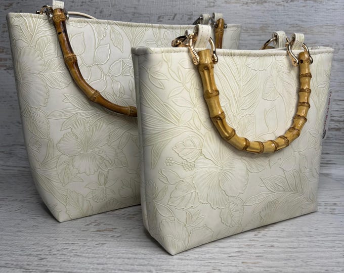 Paniola Cream - Hawaiian Print - Tote Bag - Purse - Handbag - Crossbody - Embossed Tropical Flowers Vinyl - Tiki - MCM - Tropical