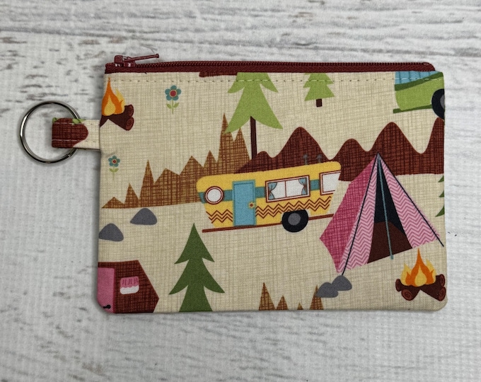 Let's Go Camping - Cotton Fabric - Vintage Fabric - Coin Purse - Keychain - Wallet - Key Fob - Key Ring - Outdoors - Trailer