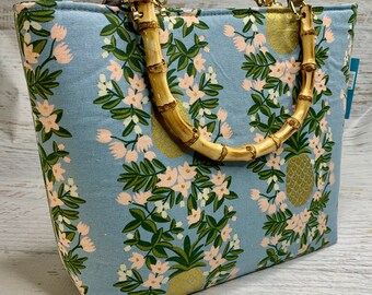 Golden Pineapple - Periwinkle Blue - Hawaiian Print - Tote Bag - Purse - Handbag - Crossbody - Canvas - Tiki - MCM - Tropical - Metallic