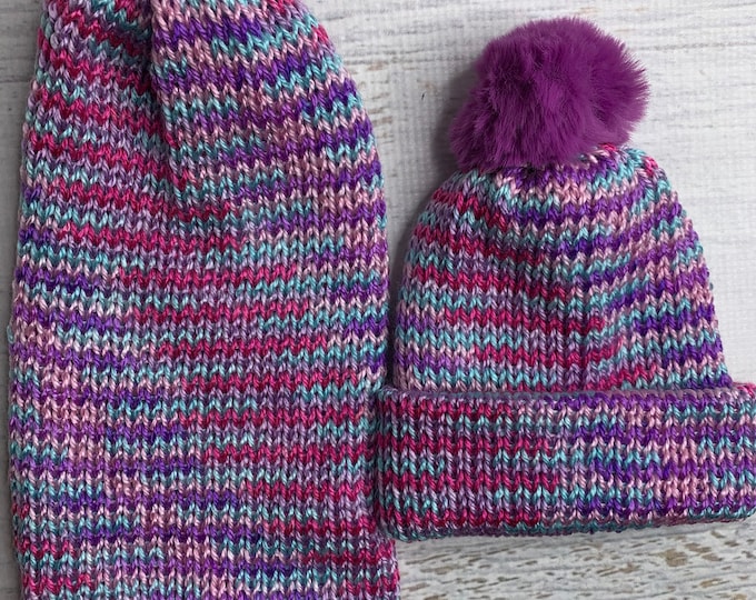 Knit Hat - Teenage Dream - toque - beanie - stocking cap - adult - toddler - Light Blue Purple Pink Magenta Lilac - with or without Pom Pom