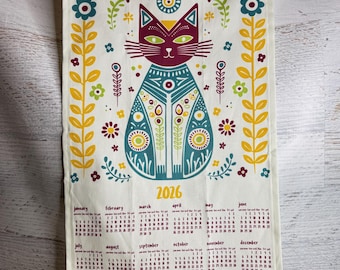 Folk Art Cat - 2026 Tea Towel Calendar - Linen Cotton Canvas