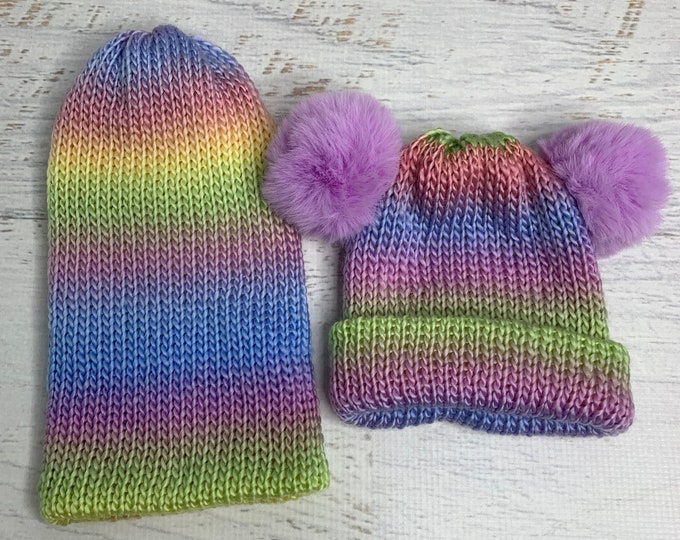 Knit Hat - Cotton Candy - toque - beanie - adult - toddler - Pastel Pink Lilac Light Blue Peach Yellow Green - with or without Pom Pom