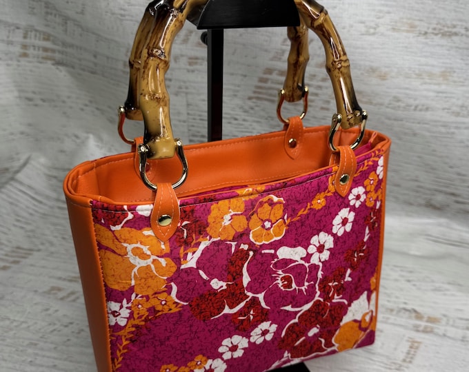 Pink Orange Floral - Top Handled Handbag - Crossbody Purse - Zipper Closure with Charm - Hawaiian Aloha Print - Vintage Fabric Vinyl
