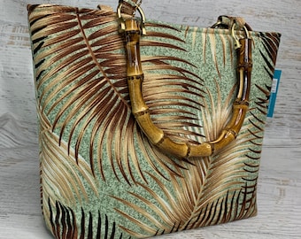 Green Barkcloth - Golden Palms - Hawaiian Aloha Print - Tote Bag - Purse - Handbag - Crossbody - Bamboo Handles