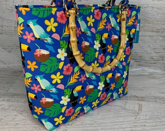 Tropical Vacation Paradise - SMALL Tote Bag - Purse - Handbag - Crossbody - Canvas - MCM - Retro Modern - Tropical - Tiki Birds - Parrots